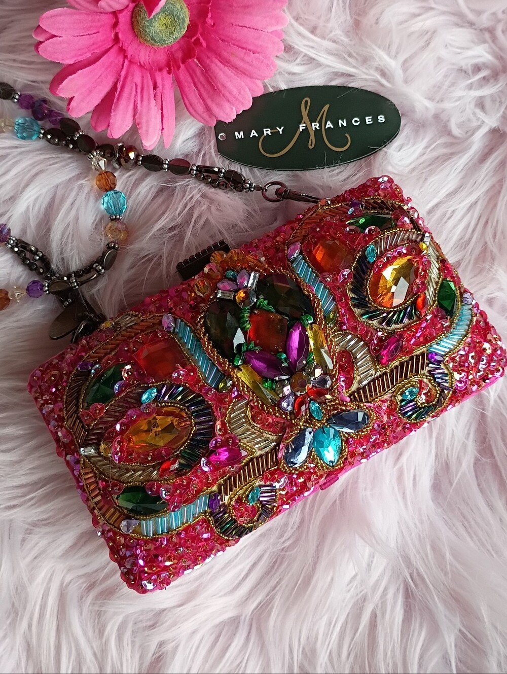 Mary Frances Pretty Hot Pink Beaded Jeweled Sequin Croc Embossed Bag